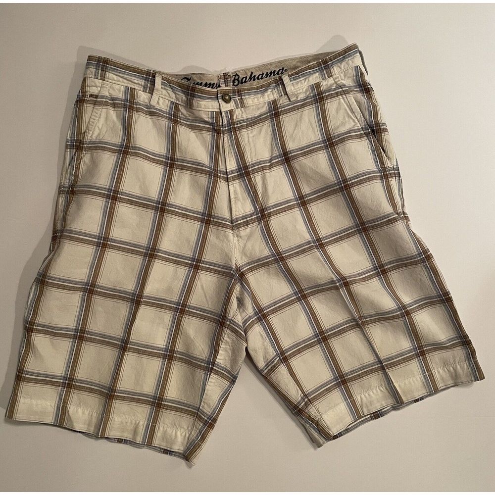 Tommy Bahama Paradise Nation Mens‎ 36 Plaid Linen Cotton Shorts Cream Brown Blue